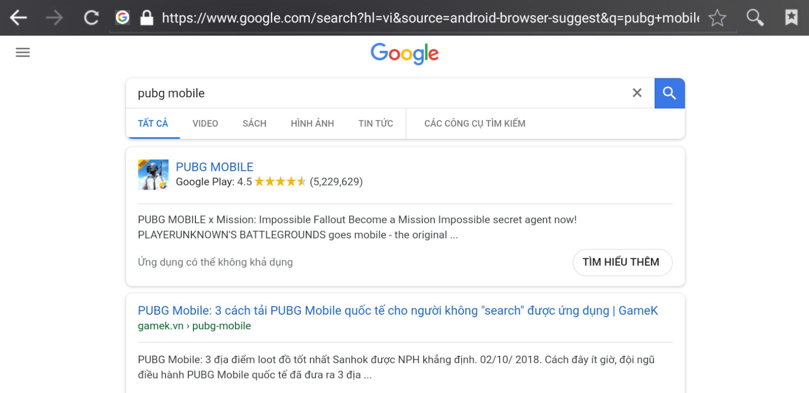 Tìm kiếm trên google vẫn thấy PUBG Mobile