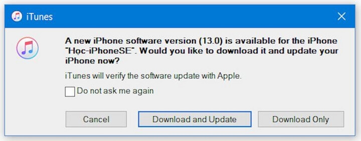 Khi mở iTunes (trên Windows 10) lên và có kết nối điện thoại thì nó báo tải về iOS 13 mới Khi mở iTunes (trên Windows 10) lên và có kết nối điện thoại thì nó báo tải về iOS 13 mới