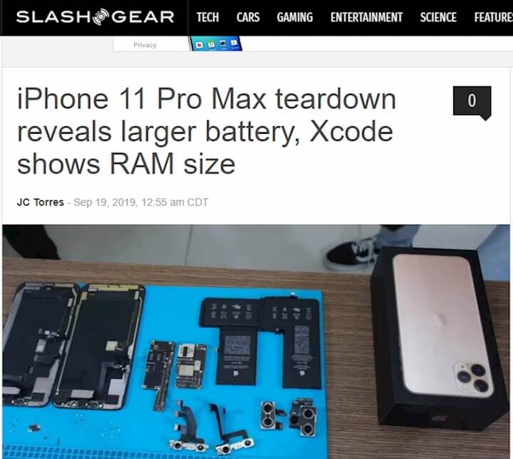 Slashgear đưa tin về việc mổ bụng chiếc iPhone 11 Pro Max đầu tiên trên thế giới - Ảnh:Chụp màn hình Slashgear đưa tin về việc mổ bụng chiếc iPhone 11 Pro Max đầu tiên trên thế giới - Ảnh:Chụp màn hình