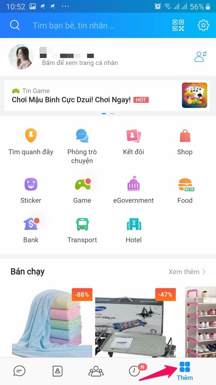 Vào cài đặt trên ứng dụng Zalo Vào cài đặt trên ứng dụng Zalo