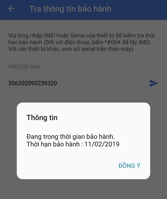 Thông tin bảo hành của chiếc Galaxy J7 Pro. Ảnh do người tiêu dùng cung cấp