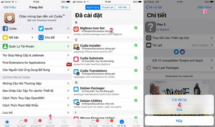 Mở Cydia > chuyển sang mục Đã cài đặt (Installed) > tiến hành gỡ bỏ các tinh chỉnh và ứng dụng đã cài đặt trên thiết bị thông qua Cydia