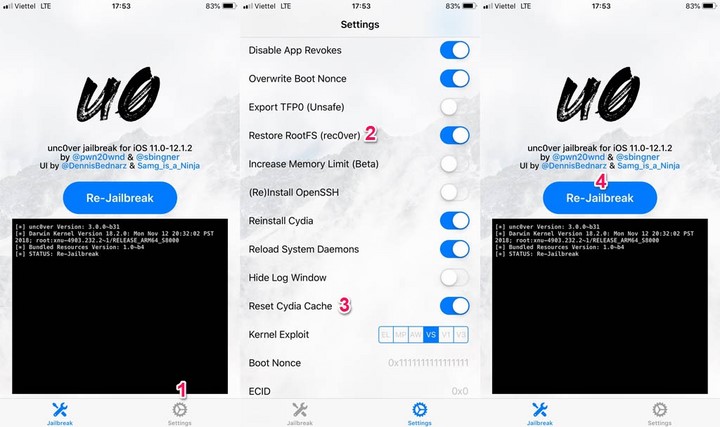 Mở ứng dụng unc0ver > chuyển sang mục Cài đặt (Settings) > kích hoạt RootFS Restore (rec0ver) và Reset Cydia Cache. Quay trở lại màn hình chính của ứng dụng và nhấn Re-Jailbreak (Bẻ khóa hoặc Bẻ khóa lại)
