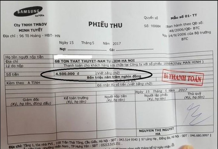 Hóa đơn thanh toán ở Trung tâm bảo hành Samsung thấp hơn so với nhân viên của Nhật Cường Mobile báo giá.