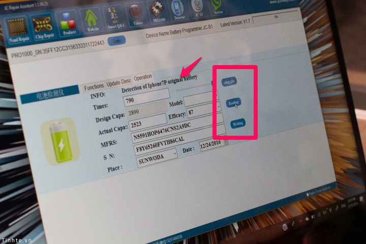 Sau khi phía trên hiện số Serial/ thông tin ở Device name và nút chức năng Read-Writing hiện màu xanh là kết nối thành công.