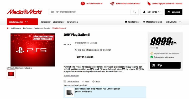 hình ảnh cho đặt trước PS5 tại website MediaMarkt Thụy Điển Đặt trước PS5 tại website MediaMarkt Thụy Điển