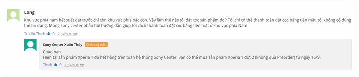 Thông báo hết hàng Xperia 1 tại phía nam trên trang chủ Sony center Thông báo hết hàng Xperia 1 tại phía nam trên trang chủ Sony center
