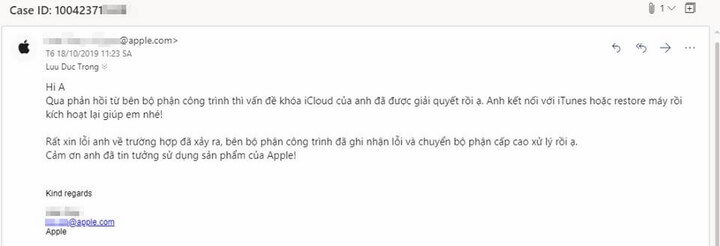 Nạn nhân bị khóa bởi iCloud Relocker được Apple hỗ trợ mở khóa miễn phí. (Ảnh từ Lưu Đức Trọng từ Cộng đồng iPhone Lock)