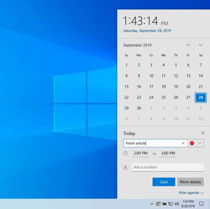 Tạo sự kiện lịch (Calendar) từ Taskbar