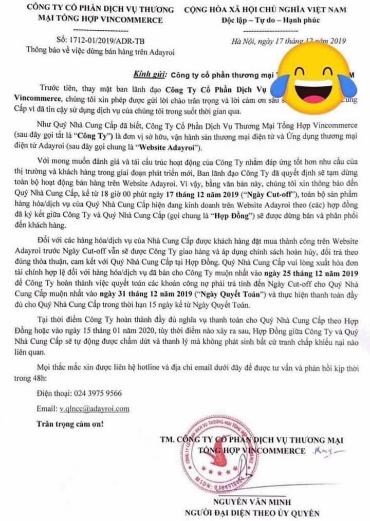 Thông báo của Vincommerce đến nhà cung cấp (Ảnh FB)