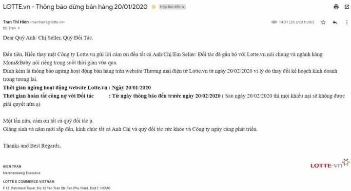 Email thông báo dừng hoạt động của sàn thương mại điện tử Lotte.vn