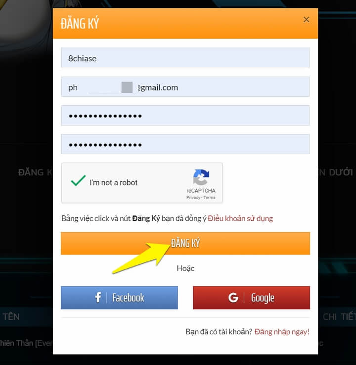 Điền các thông tin theo yêu cầu và Click "Đăng Ký"