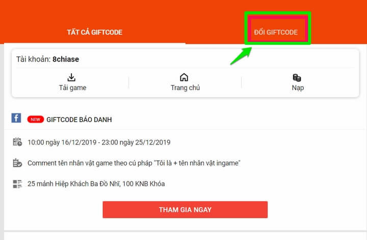 Click vào "Đổi giftcode"
