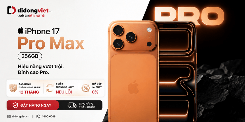 Di Động Việt đang niêm yết iPhone 17 Pro Max 256GB ở mức 33,79 triệu đồng